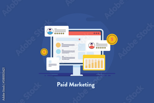 Business using paid media advertising network reach more audience and customers online. Digital advertising campaign analytics, search marketing and social media ads concept.