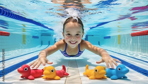 A realistic image of a smiling young woman swimming underwater in a swimming pool and reaching out with both hands to grab a toy on the pool floor.
