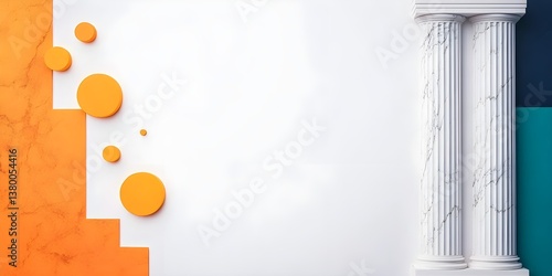 A white background with orange circles and a white pillar
