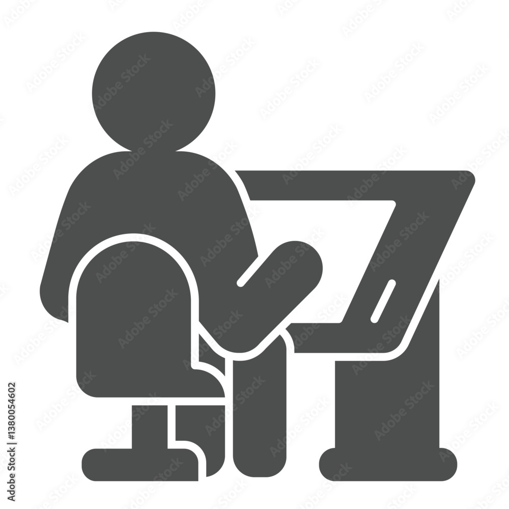 Architect at work solid icon, architect studio concept. Vector graphics. Man sitting on chair at drawing desk sign on white background, glyph style icon for mobile or web design. Architect at work solid icon, architect studio concept. Vector graphics. Man sitting on chair at drawing desk sign on white background, glyph style icon for mobile or web design.