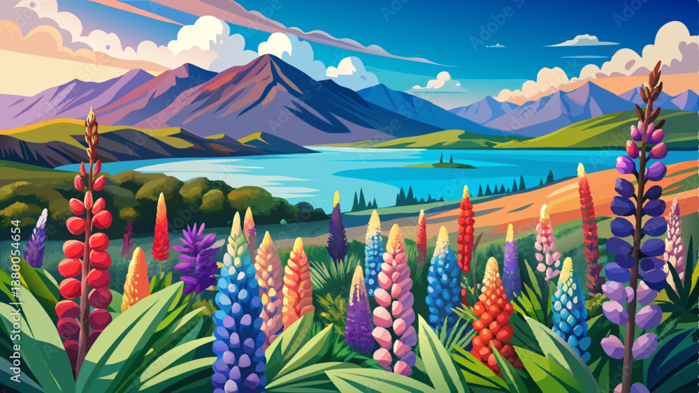 Fototapeta premium Lupins in bloom by the lake on a sunny spring day at Tekapo, New Zealand