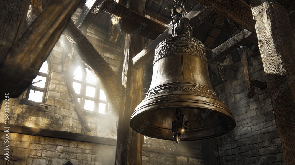 Obraz premium Suspended from aged wooden beams, the metal bell gleams softly in the gentle light, echoing centuries of tradition within the stone tower.