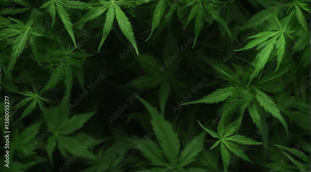 Green cannabis leaves arranged in a scattered manner on a dark background, creating a serene and peaceful atmosphere. Green cannabis leaves arranged in a scattered manner on a dark background, creating a serene and peaceful atmosphere.