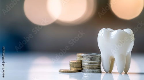 A single tooth model rests next to a small pile of coins on a glossy white surface, with soft shadows enhancing the representation of dental expenses
