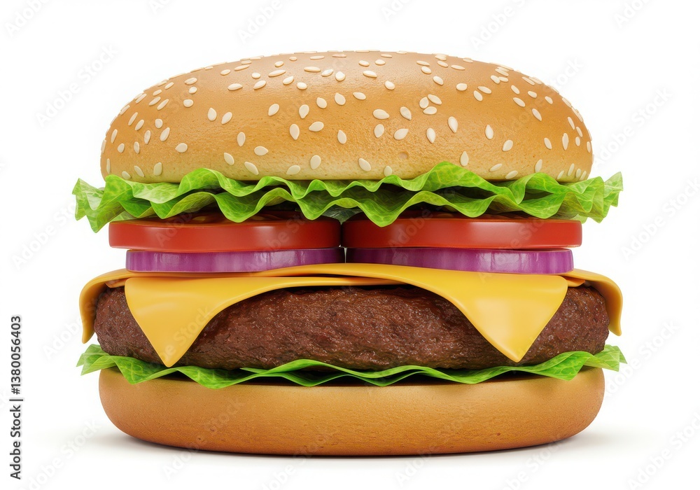 Juicy cheeseburger with lettuce, tomato, pickle, and sesame seed bun on white background Juicy cheeseburger with lettuce, tomato, pickle, and sesame seed bun on white background