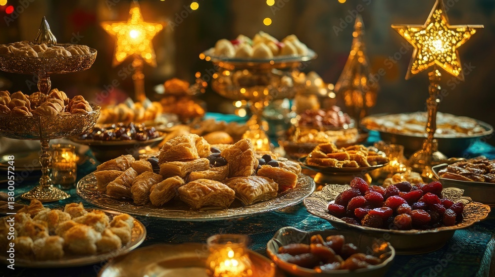 A vibrant table spread with traditional Eid sweets like luqaimat A vibrant table spread with traditional Eid sweets like luqaimat