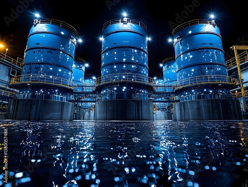 Obraz na płótnie Illuminated wastewater treatment facility at night w salonie
