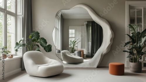 Modern living room with a unique mirror, chair, and plants indoors. Ideal for interior design or home decor advertising projects.