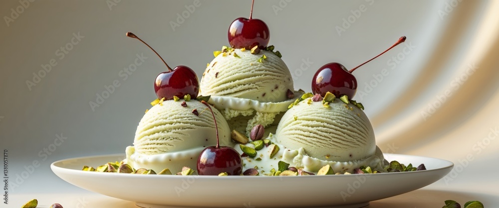 Pistachio ice cream scoops topped with cherries and pistachios on a plate.