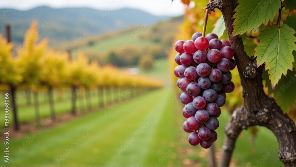 Fototapeta premium Majestic view of purple grapes dangling from lush vines, contrasting against a serene autumn vineyard landscape with rolling hills and vivid foliage.
