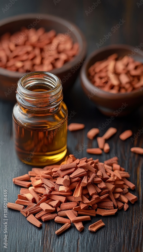 Sandalwood Essential Oil in Glass Bottle Surrounded by Sandalwood Chips on Rustic Wooden Background