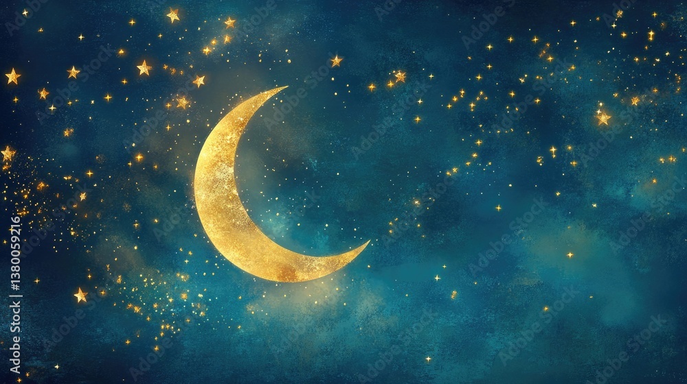 Naklejka premium A whimsical floating crescent moon design surrounded by star clusters glowing in gradients of blue and gold