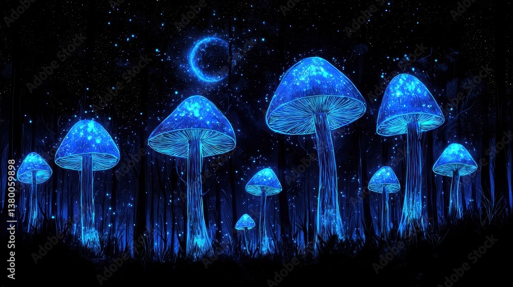 Enchanting Glowing Mushrooms in a Dark Forest at Night Magical Fantasy Nature Scene Enchanting Glowing Mushrooms in a Dark Forest at Night Magical Fantasy Nature Scene