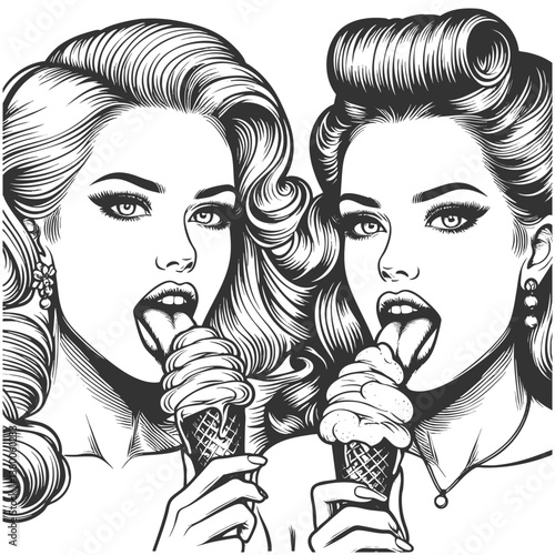 two pin-up women licking ice cream cones, the fun and flirtatious essence of retro culture sketch engraving generative ai vector illustration. Scratch board imitation. Black and white image.
