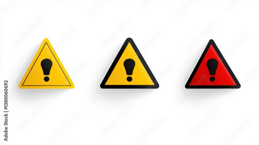 Obraz premium Warning Signs Trio: A trio of vivid triangular warning signs, each boldly displaying an exclamation mark, visually communicate caution, hazard, and alert within a safety context.