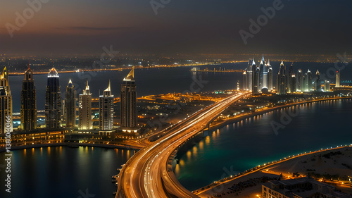 Illuminated Coastal Cityscape with Bridge at Night