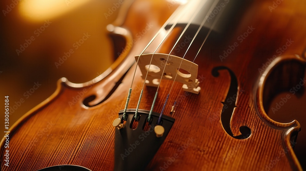 Fototapeta premium The smooth, polished wood of the violin gleams under soft lighting, highlighting the delicate bridge and fine strings in a moment of musical elegance.