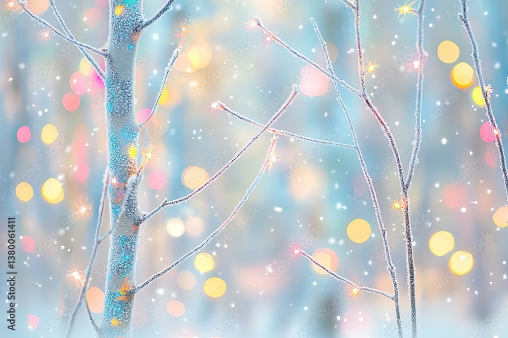 Winter wonderland scene with frosted branches and twinkling lights Winter wonderland scene with frosted branches and twinkling lights