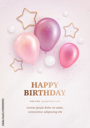 Vector birthday elegant greeting card, banner or party invitation with realistic 3d colorful helium balloons on light background. Vector illustration