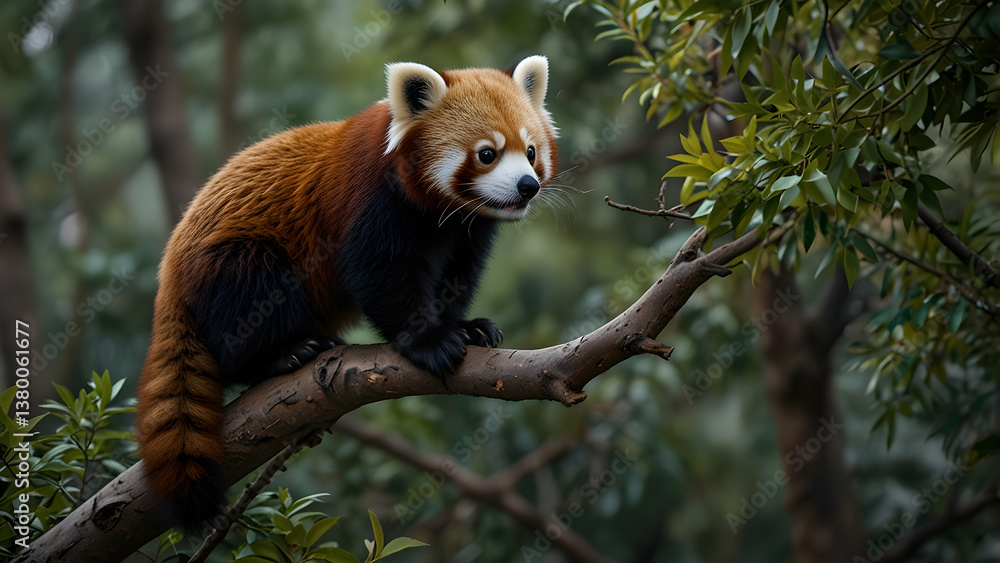Fototapeta premium Red Panda Resting Amid Lush Greenery