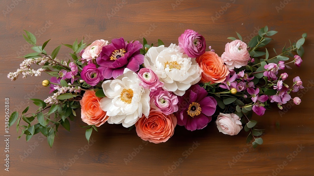 Vibrant Spring Floral Arrangement on Wooden Tabletop Ranunculus Peonies and Anemones Vibrant Spring Floral Arrangement on Wooden Tabletop Ranunculus Peonies and Anemones