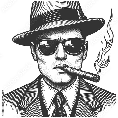 serious man in a fedora and sunglasses, confidently smoking a cigar like a mob boss sketch engraving generative ai fictional character vector illustration. Scratch board imitation. Black and white.