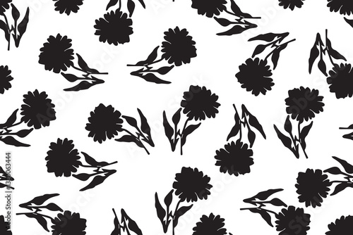 Seamless floral vector laconic black and white handmade ink drawing for fabric design, decor, ceramics, greeting cards, flowers, texture print for backgrounds