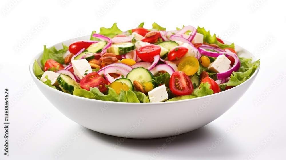 A vibrant salad filled with fresh lettuce, cherry tomatoes, cucumbers, red onions, and nuts is displayed in a white bowl. The bright colors create an appetizing look appealing for meals A vibrant salad filled with fresh lettuce, cherry tomatoes, cucumbers, red onions, and nuts is displayed in a white bowl. The bright colors create an appetizing look appealing for meals