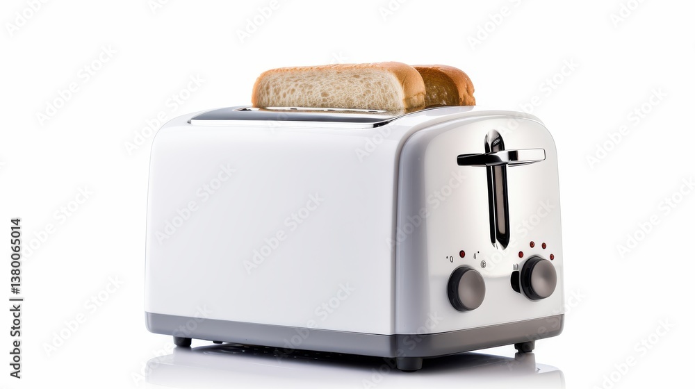A white toaster sits on a clean countertop with two slices of bread. The surroundings are bright and minimalistic, emphasizing the appliance's functionality A white toaster sits on a clean countertop with two slices of bread. The surroundings are bright and minimalistic, emphasizing the appliance's functionality