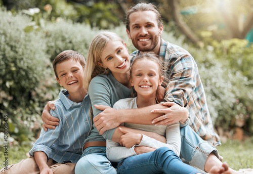 Obraz na płótnie Family, portrait and garden hug for childcare, outdoor love and bonding together in Scotland. Parents, countryside and embrace children for security in relationship, vacation break and holiday trip w salonie