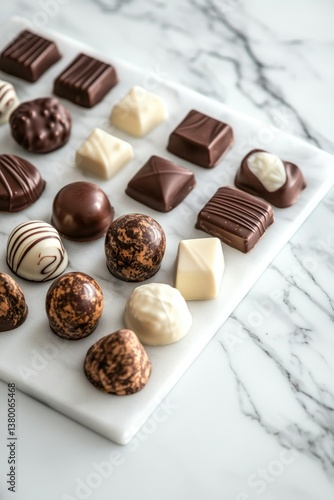 A selection of variously colored chocolates and candies arranged on a square tray. Perfect for dessert, gifting or decoration.