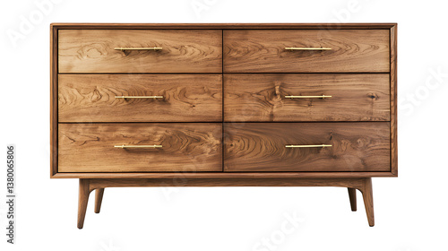 A wooden dresser with six drawers and brass handles