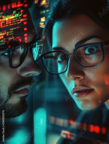 Two professionals examining data in a digital control room