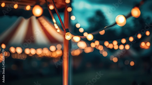 Enchanting vintage carnival lights with dreamy bokeh at twilight. A retro circus at night with a warmly lit carousel and fairy lights on blurred background with copy space