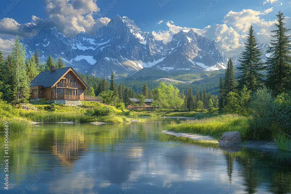Scenic mountain view with a tranquil river and rustic cabin surrounded by forest during sunny daylight Scenic mountain view with a tranquil river and rustic cabin surrounded by forest during sunny daylight