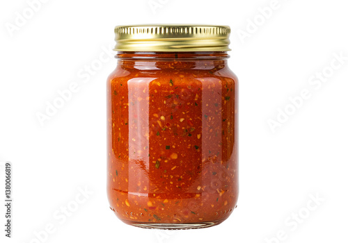Glass jar filled rich red sauce, perfect base pasta dishes or flavorful condiment. This homemade style sauce bursts savory herbs spices. Versatile tasty sauce ready enhance your cooking creations.