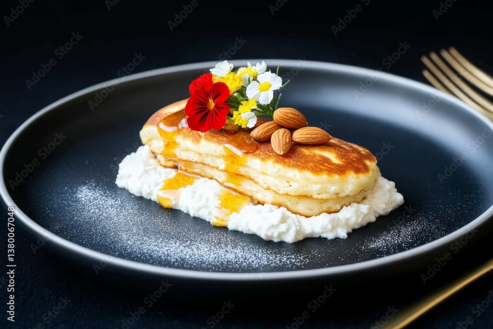 Cozy breakfast with syrupy pancakes and almonds, breakfast served on cottage cheese with edible flowers, breakfast perfect for healthy, natural food themes and morning rituals. Cozy breakfast with syrupy pancakes and almonds, breakfast served on cottage cheese with edible flowers, breakfast perfect for healthy, natural food themes and morning rituals.