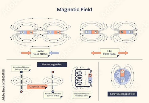 Magnetic field diagram shows interactions with arrows, magnets, and Earth. Neubrutalism style diagram