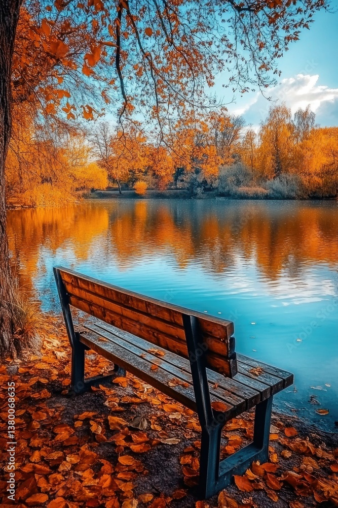Fototapeta premium Peaceful wooded lakeside bench at sunset with fall foliage and reflections on water