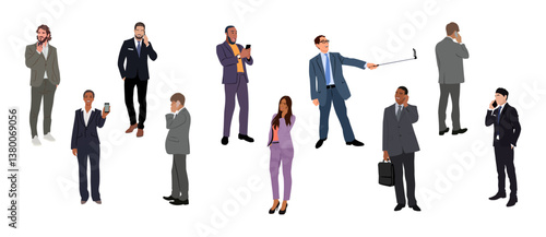 Set of business men and women holding smartphones and texting, talking, listening to music, taking selfie. Group of male and female cartoon characters with mobile phones. Flat Vector illustration.