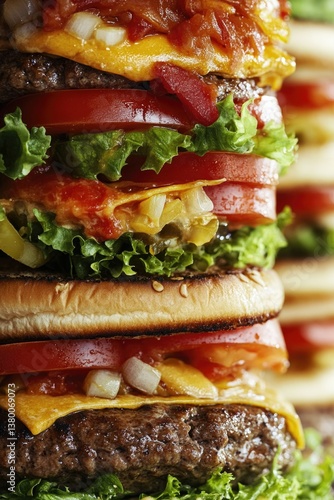Cheese, onion, lettuce, tomato on a hamburger triple stack