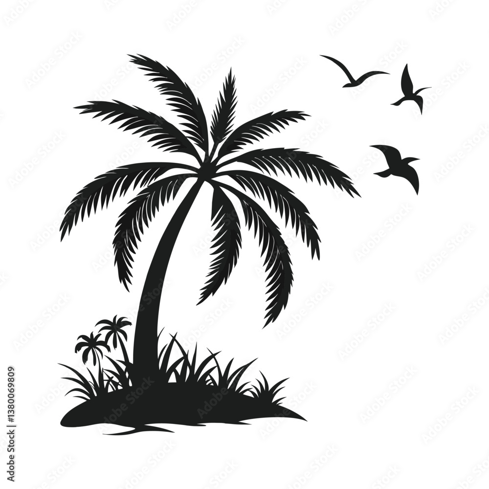 Fototapeta premium Tropical Palm Tree Silhouette with Flying Birds