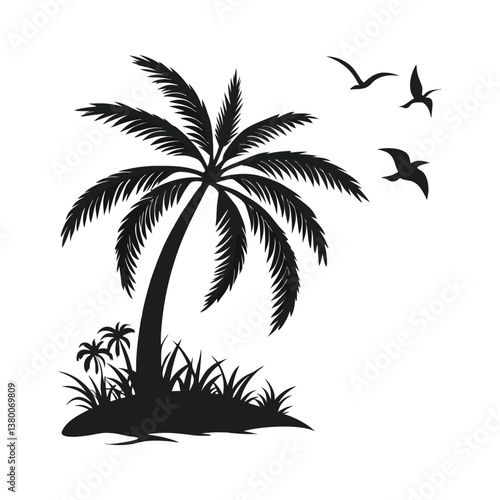 Tropical Palm Tree Silhouette with Flying Birds