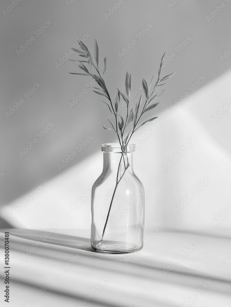 A clear glass bottle with a slender branch of plants. A minimalist still life arrangement.