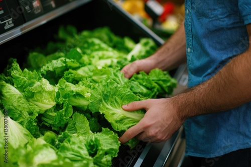 A man in a market stocking lettuce, highlighting the freshness and appeal of this leafy vegetable.