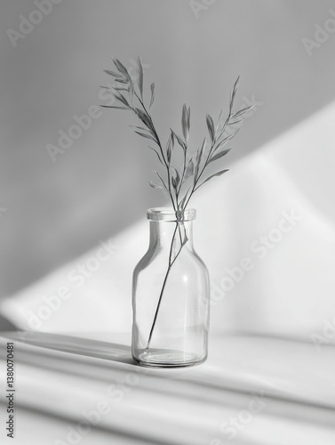Obraz na płótnie A clear glass bottle with a slender branch of plants. A minimalist still life arrangement. w salonie