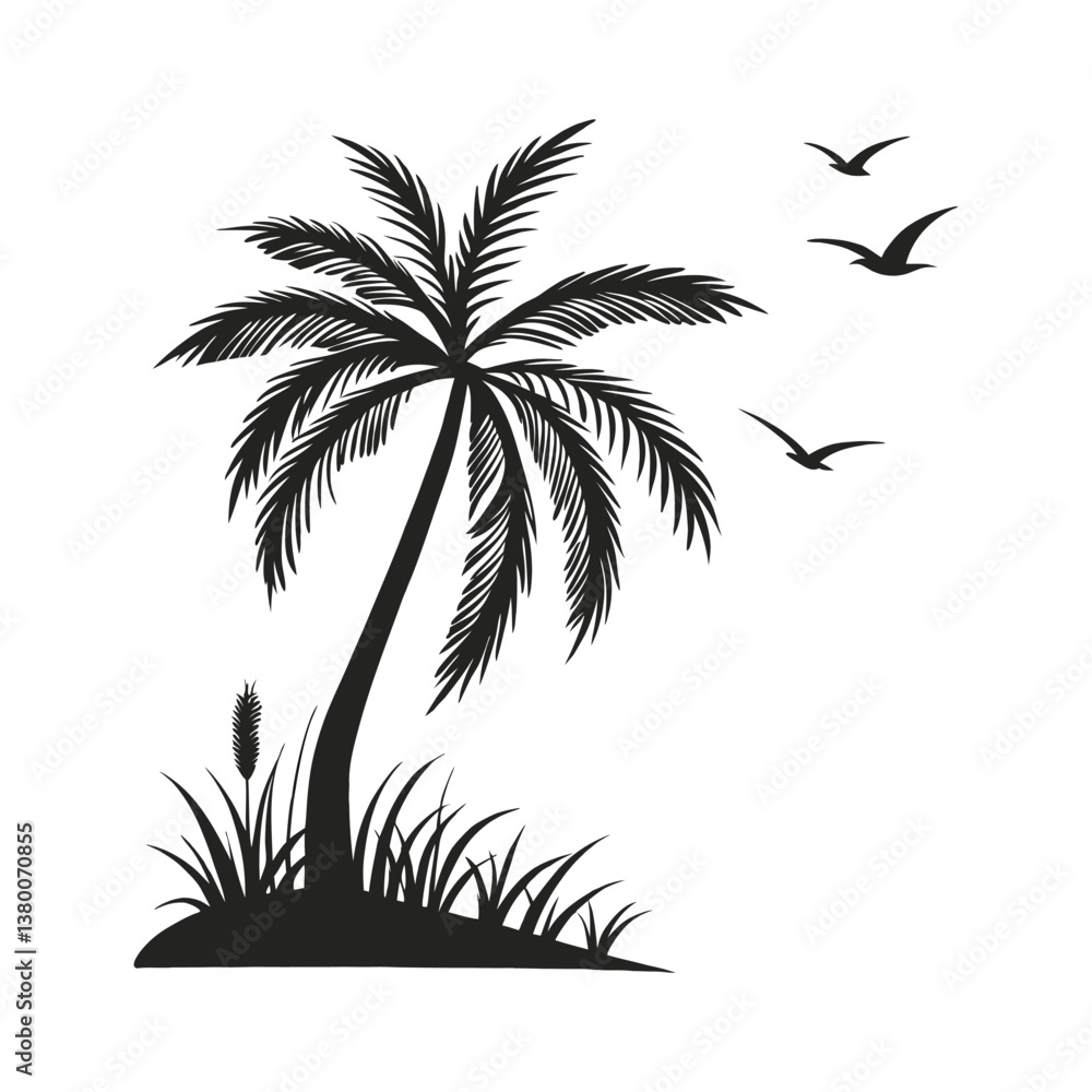 Fototapeta premium Tropical Palm Tree Silhouette with Flying Birds
