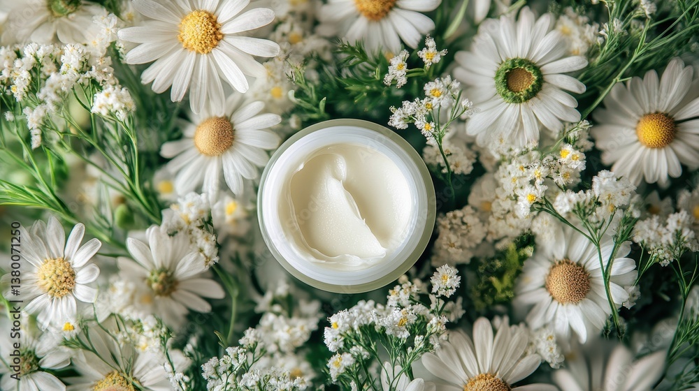 Close-up top view of a cream jar surrounded by chamomile and small white flowers. Perfect for illustrating skincare products and natural beauty routines. Close-up top view of a cream jar surrounded by chamomile and small white flowers. Perfect for illustrating skincare products and natural beauty routines.
