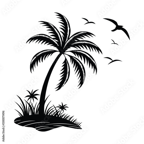 Tropical Palm Tree Silhouette with Flying Birds