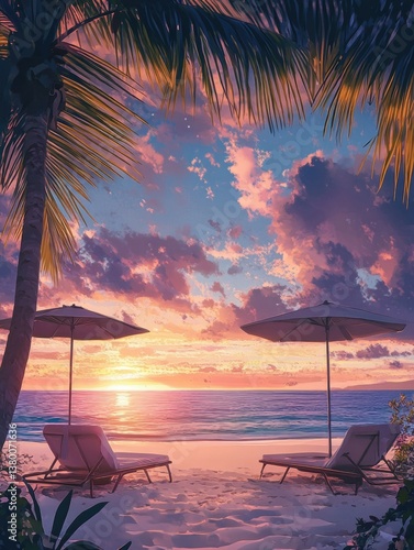 Beach scene with two chairs and umbrellas at sunset. Tropical getaway with palm trees, blue ocean, and cloud-filled sky.